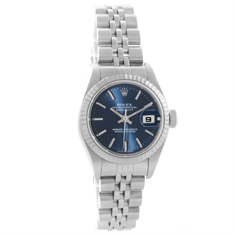 The Rolex Datejust 79174 Women
s Stainless Steel Blue Dial 79174 Women
s Stainless Steel Blue Dial watch model is shown from a front angle displaying its blue dial, fluted bezel, and jubilee bracelet.