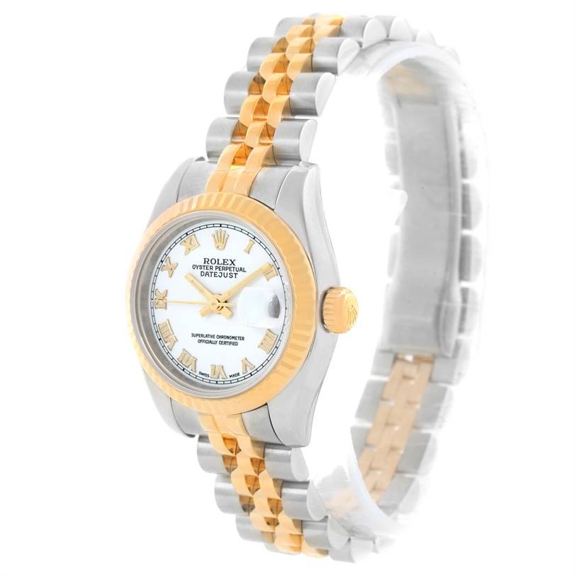 The image shows a three-quarter view of a Rolex Datejust 179173 Women's Steel and Gold (two tone) White Dial 179173 Women's Steel and Gold (two tone) White Dial, featuring the dial, case, bezel, and bracelet.