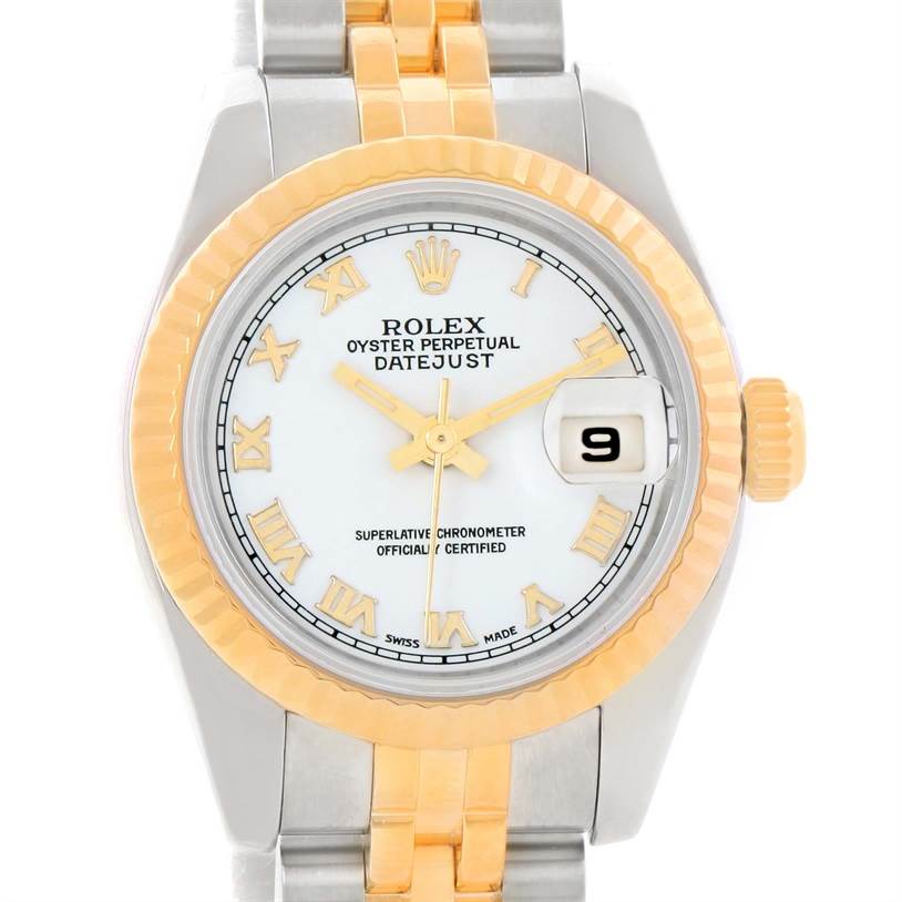 The image shows a close-up, front view of the Rolex Datejust 179173 Women's Steel and Gold (two tone) White Dial 179173 Women's Steel and Gold (two tone) White Dial model, highlighting the Roman numeral dial, bezel, and date window.