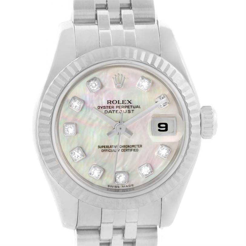 This image shows a frontal view of the dial and bracelet of a Rolex Datejust 179174 Women
s Stainless Steel Mother of Pearl Dial 179174 Women
s Stainless Steel Mother of Pearl Dial model watch.