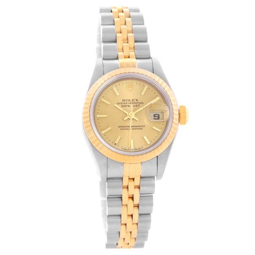 The image shows a Rolex Datejust 69173 Women's Stainless Steel Champagne Dial 69173 Women's Stainless Steel Champagne Dial watch from a top-down angle, highlighting its dial, bezel, and two-tone metal bracelet.