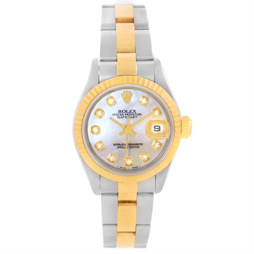The image shows a front view of the Rolex Datejust 69173 Women's Stainless Steel Mother of Pearl Dial 69173 Women's Stainless Steel Mother of Pearl Dial watch, highlighting the dial, bezel, case, and two-tone metal bracelet.