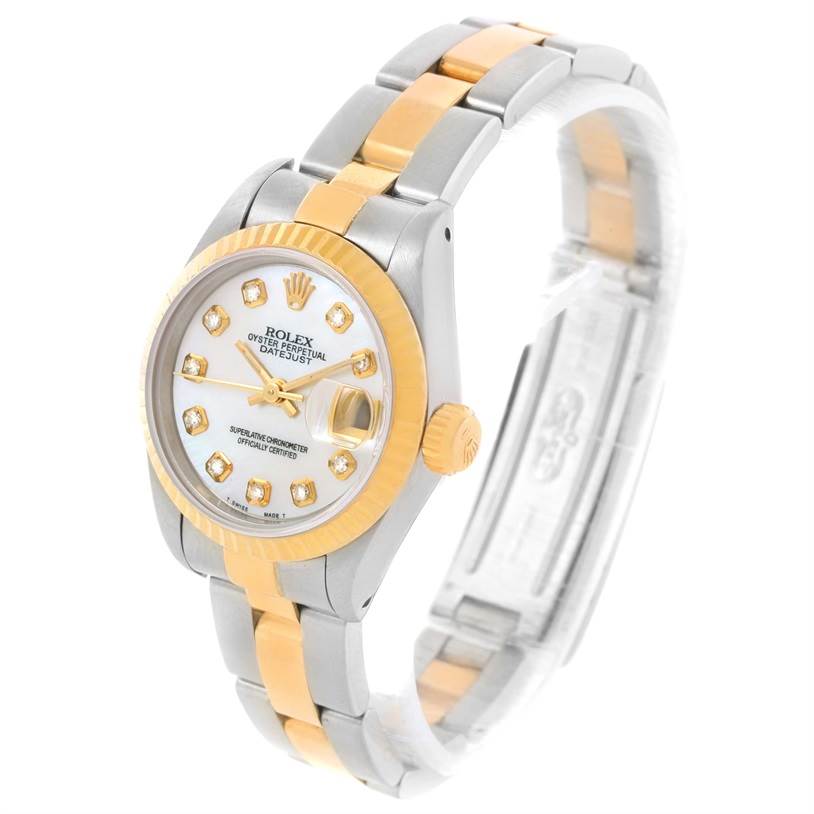 The Rolex Datejust 69173 Women's Stainless Steel Mother of Pearl Dial 69173 Women's Stainless Steel Mother of Pearl Dial watch is shown at an angled front view, highlighting its two-tone bracelet, bezel, and dial.