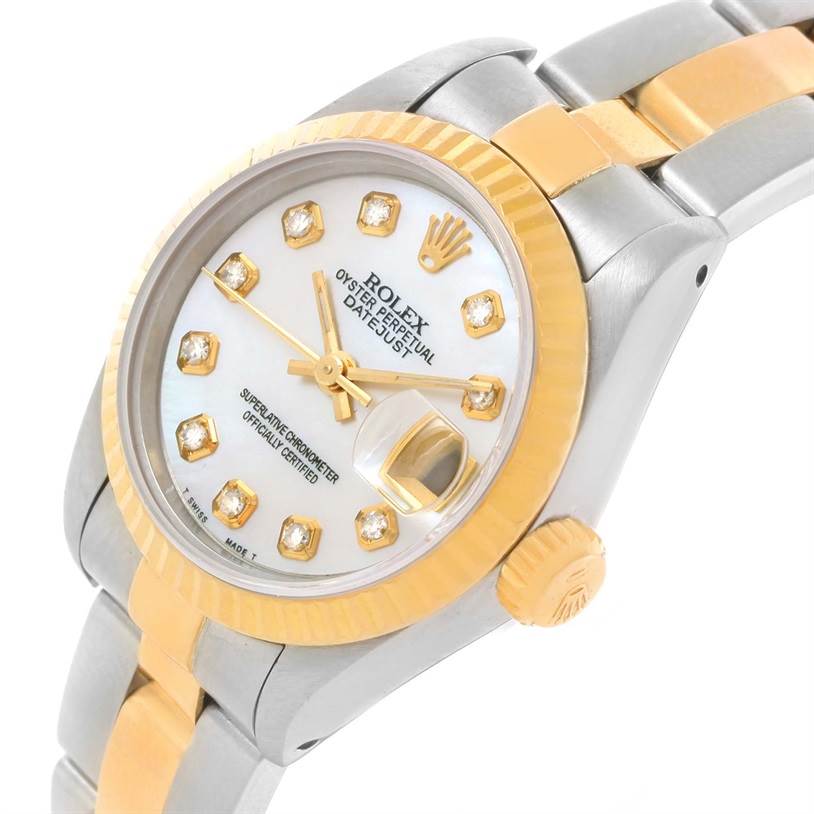 The image shows a Rolex Datejust 69173 Women's Stainless Steel Mother of Pearl Dial 69173 Women's Stainless Steel Mother of Pearl Dial watch at an angled close-up, highlighting the dial, bezel, and partial bracelet.