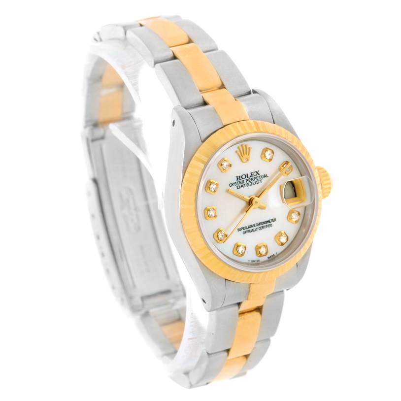 The Rolex Datejust 69173 Women's Stainless Steel Mother of Pearl Dial 69173 Women's Stainless Steel Mother of Pearl Dial watch is shown at a three-quarters angle, highlighting its face, bracelet, and bezel.