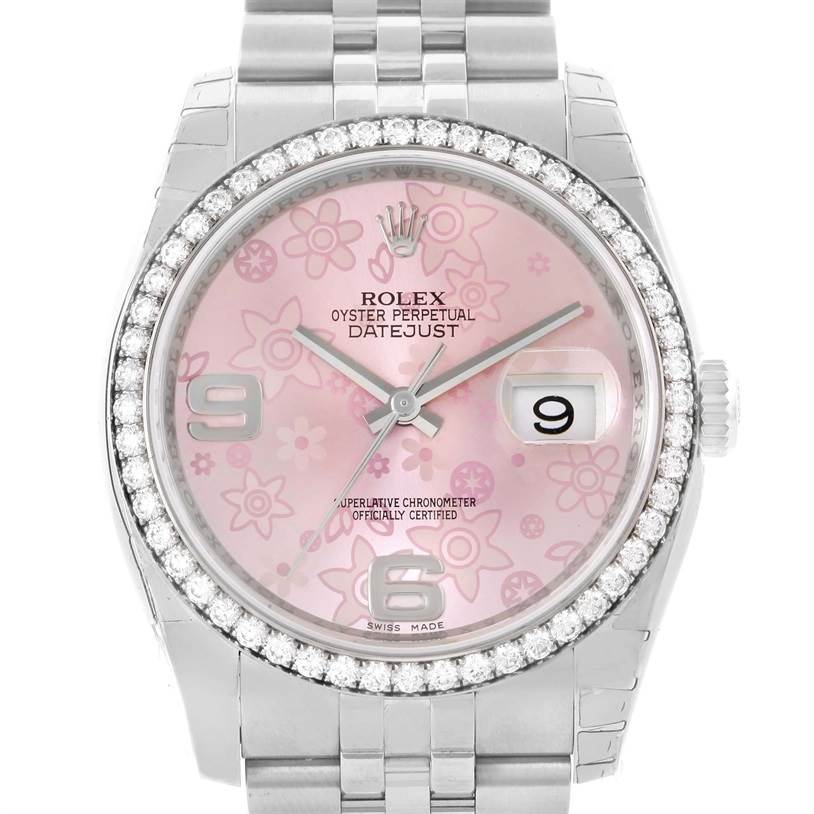 The image shows a front view of a Rolex Datejust 116244PFAO Women's Stainless Steel Pink Dial 116244PFAO Women's Stainless Steel Pink Dial watch, highlighting its floral pink dial, diamond bezel, and stainless steel bracelet.