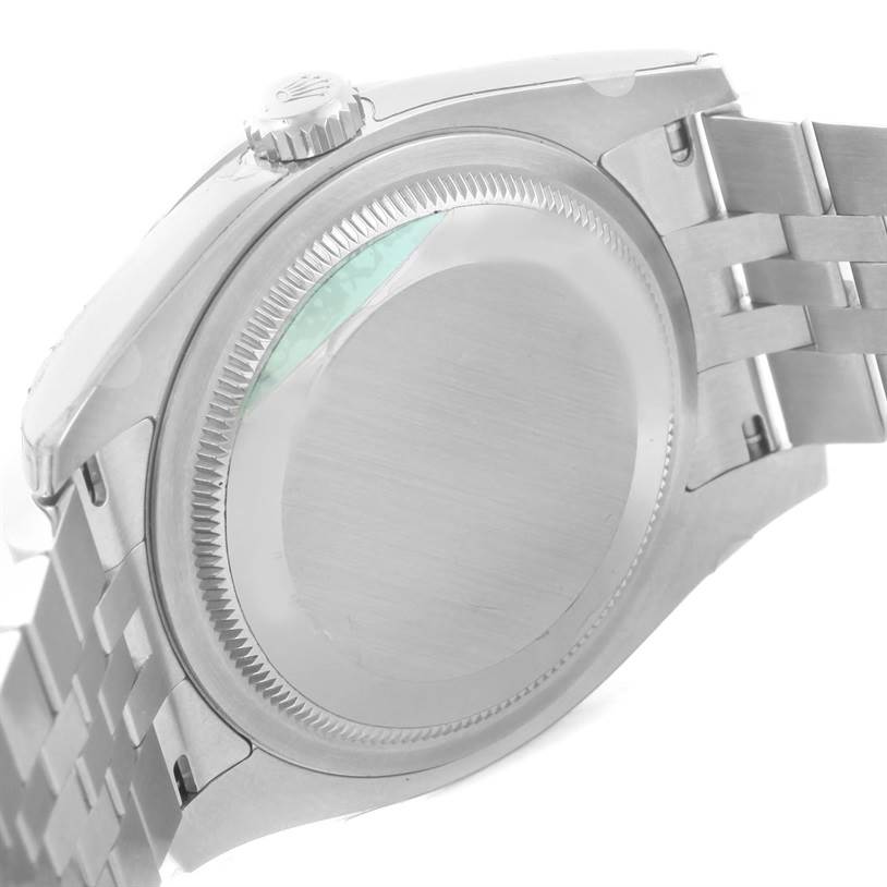 The image shows the back case and part of the bracelet of a Rolex Datejust 116244PFAO Women's Stainless Steel Pink Dial 116244PFAO Women's Stainless Steel Pink Dial watch.