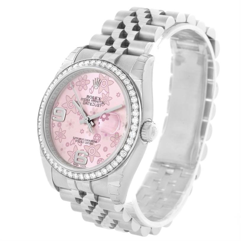 The image shows a slightly angled view of a Rolex Datejust 116244PFAO Women's Stainless Steel Pink Dial 116244PFAO Women's Stainless Steel Pink Dial watch, including its pink floral dial, bezel, and bracelet.