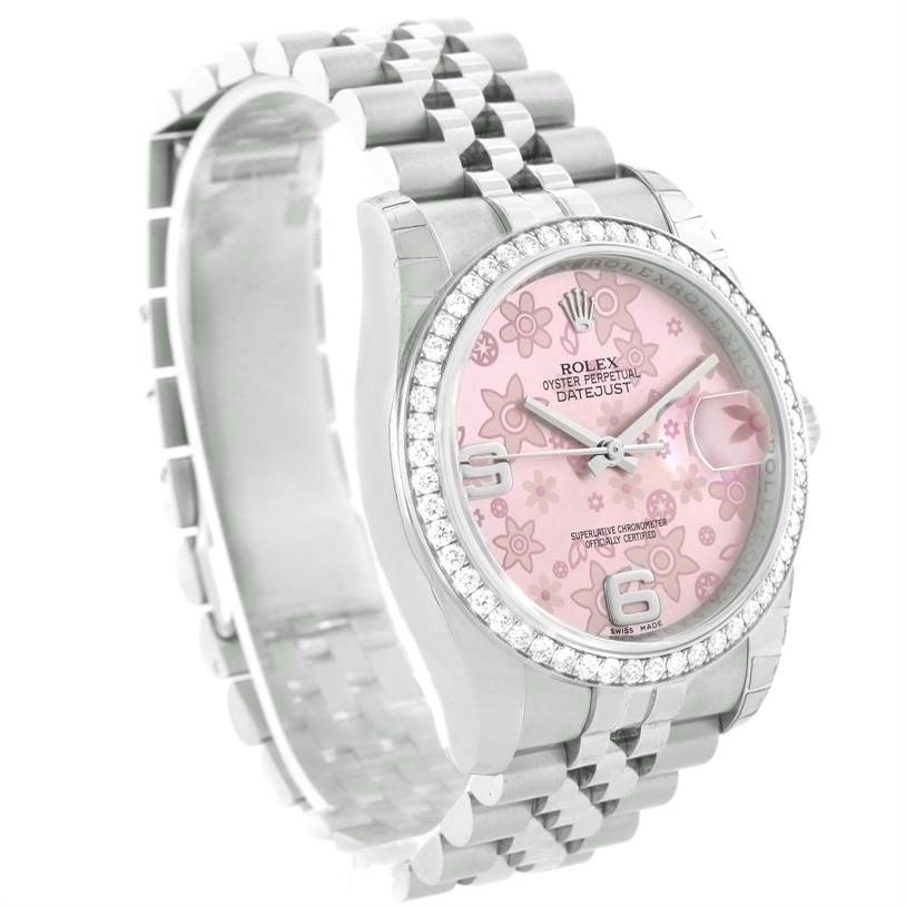 This image shows a Rolex Datejust 116244PFAO Women's Stainless Steel Pink Dial 116244PFAO Women's Stainless Steel Pink Dial watch at a slight angle, highlighting its pink floral dial, bezel, and Jubilee bracelet.