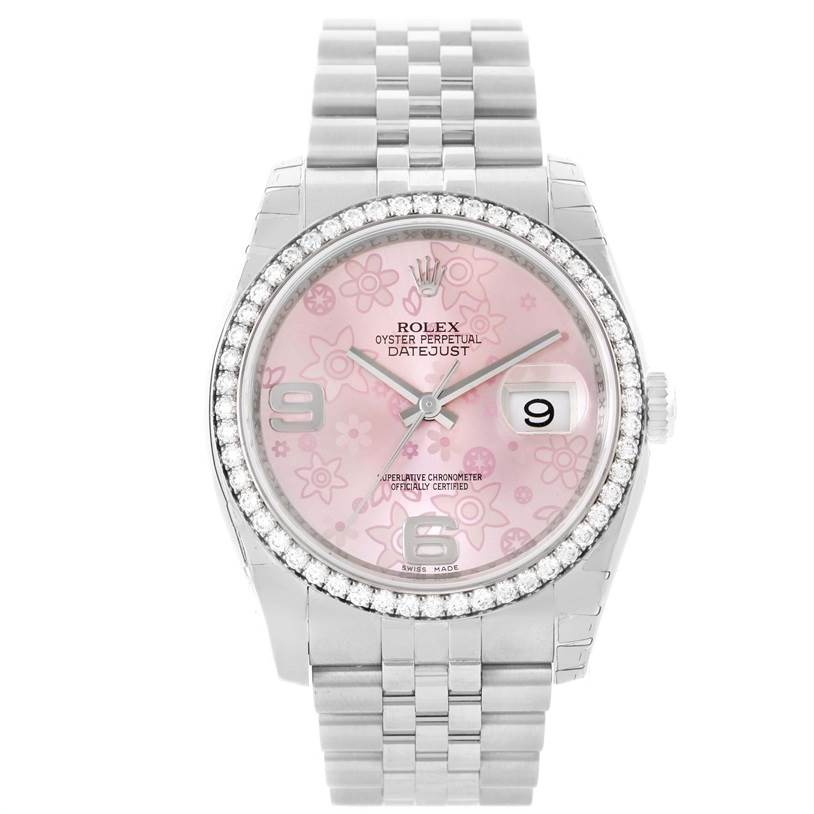 The Rolex Datejust 116244PFAO Women's Stainless Steel Pink Dial 116244PFAO Women's Stainless Steel Pink Dial watch is shown from a front angle, highlighting its bracelet, dial, bezel, and case.