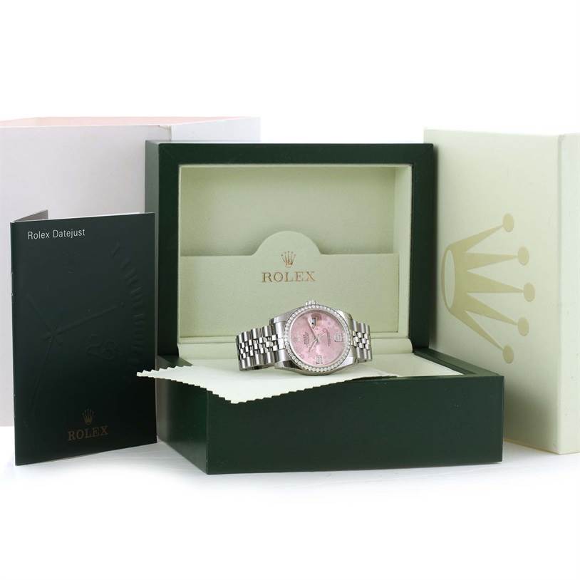 This image shows a Rolex Datejust 116244PFAO Women's Stainless Steel Pink Dial 116244PFAO Women's Stainless Steel Pink Dial watch with a pink dial, presented in its open box with accompanying documentation.