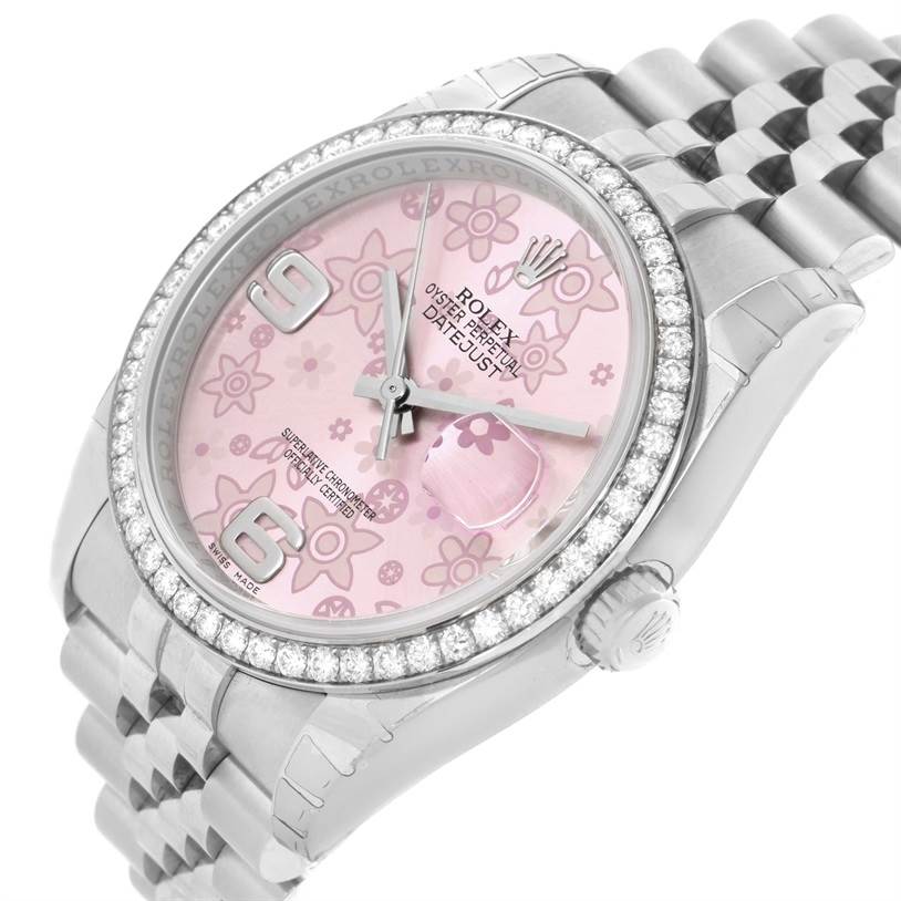 The image shows a Rolex Datejust 116244PFAO Women's Stainless Steel Pink Dial 116244PFAO Women's Stainless Steel Pink Dial watch at a slight angle, highlighting its pink floral dial, bezel, case, and part of the bracelet.