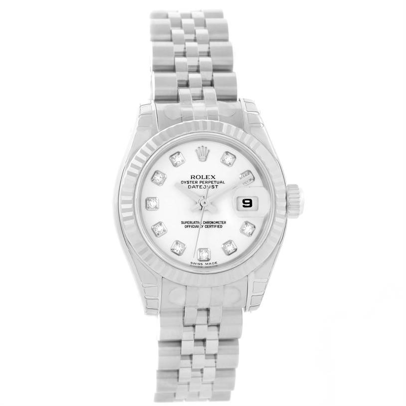 The image shows a front view of a Rolex Datejust 179174 Women's Stainless Steel White Dial 179174 Women's Stainless Steel White Dial watch, highlighting its dial, bezel, bracelet, and date window.
