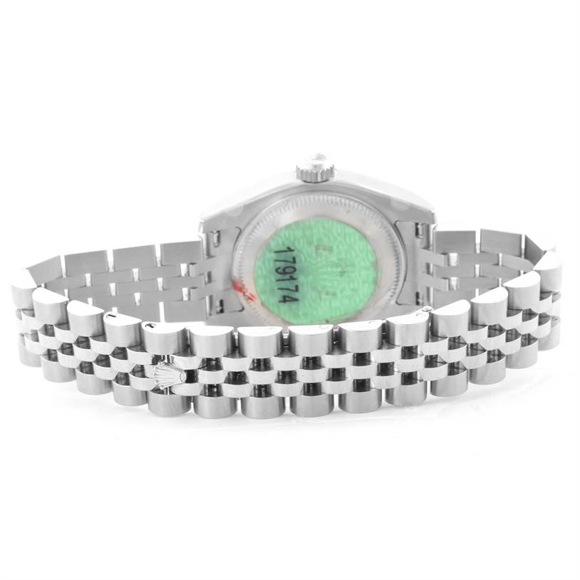 The image shows the back of the Rolex Datejust 179174 Women's Stainless Steel White Dial 179174 Women's Stainless Steel White Dial watch, displaying its bracelet and caseback.