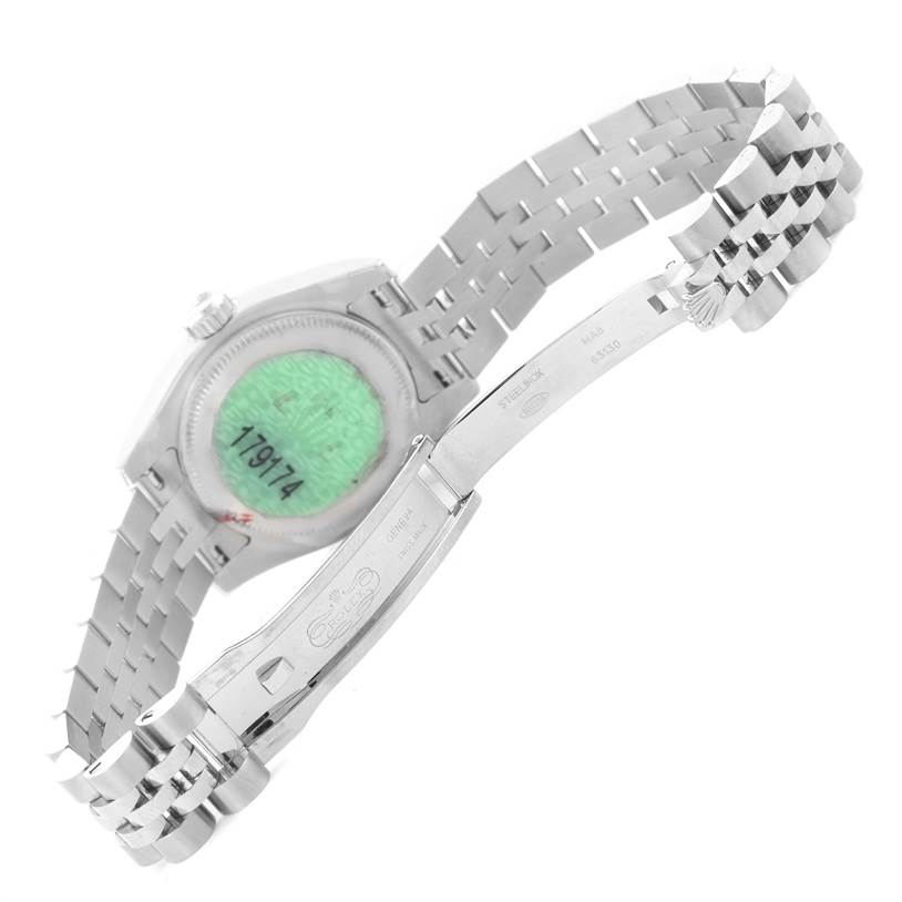 The image shows the Rolex Datejust 179174 Women's Stainless Steel White Dial 179174 Women's Stainless Steel White Dial model from the back, highlighting its case back, bracelet, and clasp.