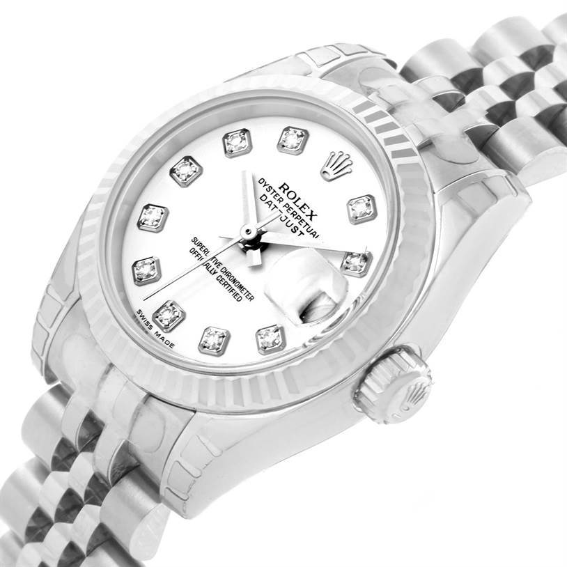 This image shows a close-up angle of the Rolex Datejust 179174 Women's Stainless Steel White Dial 179174 Women's Stainless Steel White Dial watch focusing on its dial, bezel, and Jubilee bracelet.