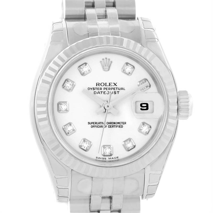 This image shows the front view of a Rolex Datejust 179174 Women's Stainless Steel White Dial 179174 Women's Stainless Steel White Dial watch, displaying the dial, bezel, and part of the bracelet.
