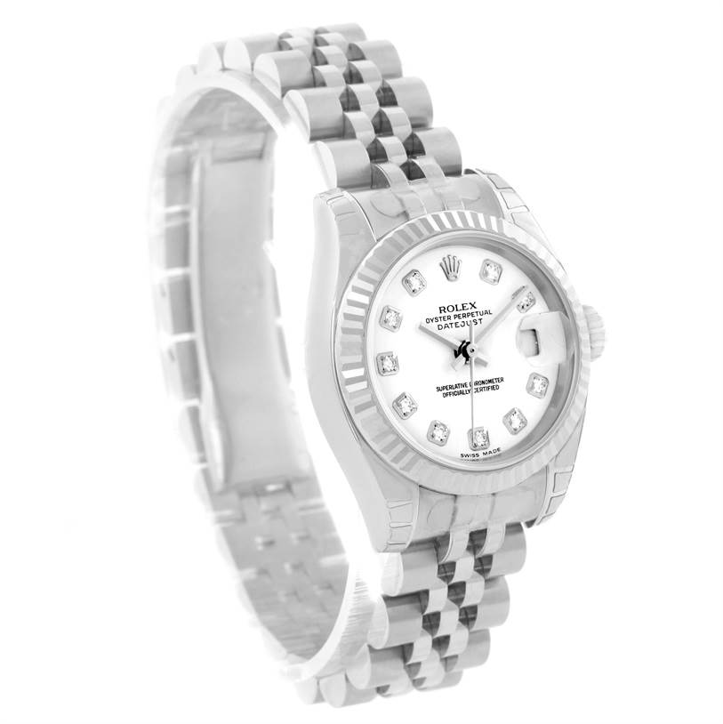The image shows a Rolex Datejust 179174 Women's Stainless Steel White Dial 179174 Women's Stainless Steel White Dial watch at a three-quarter angle, highlighting the dial, fluted bezel, and Jubilee bracelet.