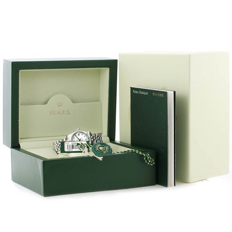The image shows a Rolex Datejust 179174 Women's Stainless Steel White Dial 179174 Women's Stainless Steel White Dial watch in an open box with tags and manual displayed beside it.