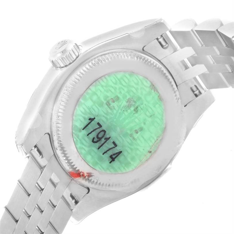 The image shows the back case, crown, and bracelet of a Rolex Datejust 179174 Women's Stainless Steel White Dial 179174 Women's Stainless Steel White Dial watch from a slightly angled underside perspective.