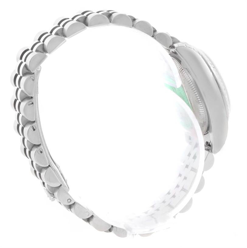 The image shows a side view of a Rolex Datejust 179174 Women's Stainless Steel White Dial 179174 Women's Stainless Steel White Dial watch, highlighting its bracelet and part of the watch case.