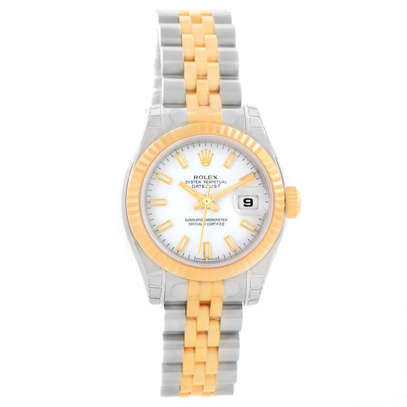 The Rolex Datejust 179173 Women's Steel and Gold (two tone) White Dial 179173 Women's Steel and Gold (two tone) White Dial watch is shown from a top-down angle, displaying the face, bezel, and two-tone bracelet.