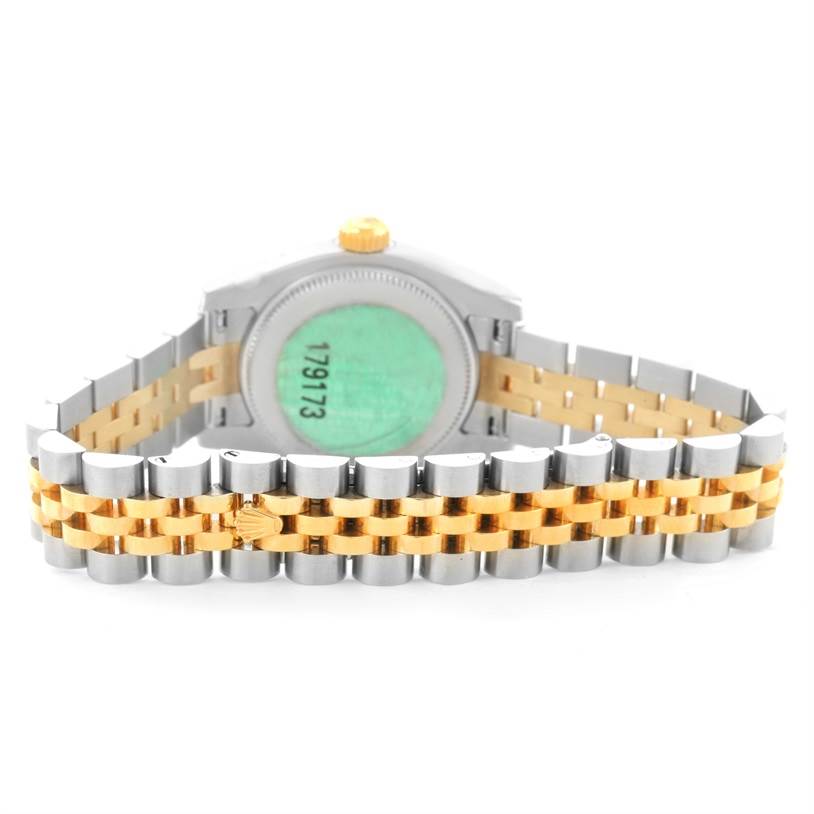This image shows the back view and bracelet of a Rolex Datejust 179173 Women's Steel and Gold (two tone) White Dial 179173 Women's Steel and Gold (two tone) White Dial watch, focusing on its two-tone metal links and case back.