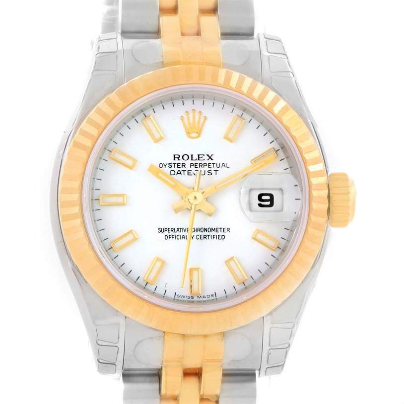 The image shows a face-on view of the Rolex Datejust 179173 Women's Steel and Gold (two tone) White Dial 179173 Women's Steel and Gold (two tone) White Dial, displaying its dial, hands, bezel, and part of the bracelet.