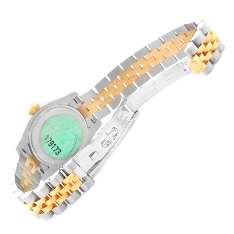 The image shows the back case, bracelet, and clasp of a Rolex Datejust 179173 Women's Steel and Gold (two tone) White Dial 179173 Women's Steel and Gold (two tone) White Dial model watch.