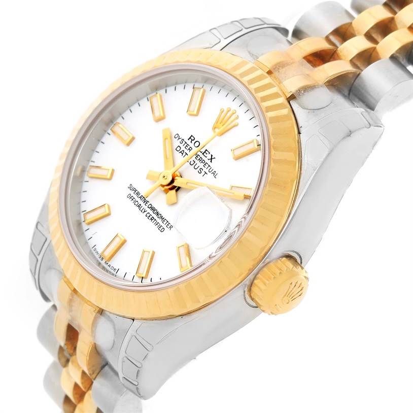 The image shows a side angle of the Rolex Datejust 179173 Women's Steel and Gold (two tone) White Dial 179173 Women's Steel and Gold (two tone) White Dial watch, highlighting the bezel, crown, and bracelet.