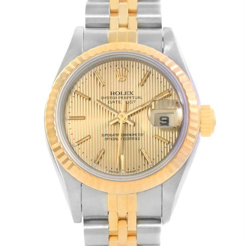 This image features a Rolex Datejust 69173 Women's Stainless Steel Champagne Dial 69173 Women's Stainless Steel Champagne Dial watch shown from the front, highlighting its face, bezel, and part of the bracelet.