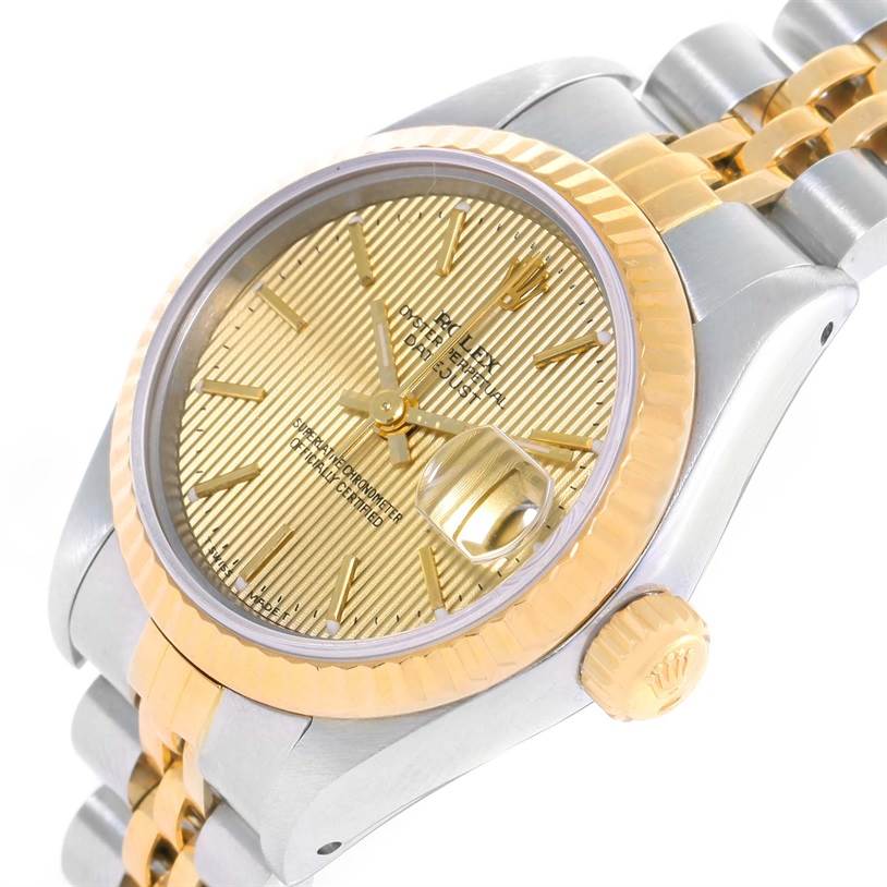 The image shows a Rolex Datejust 69173 Women's Stainless Steel Champagne Dial 69173 Women's Stainless Steel Champagne Dial watch at a three-quarter angle, focusing on the dial, bezel, crown, and part of the bracelet.