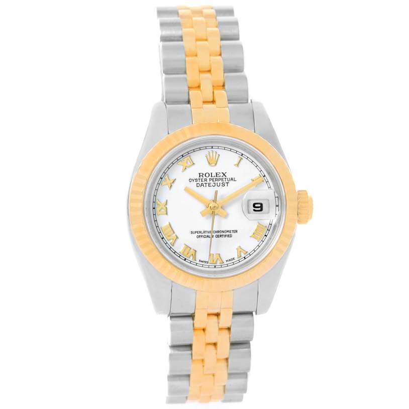 This image shows a full front view of the Rolex Datejust 179173 Women's Steel and Gold (two tone) White Dial 179173 Women's Steel and Gold (two tone) White Dial watch, highlighting the face, bezel, and two-tone bracelet.