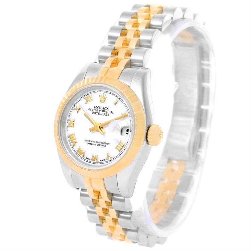 The Rolex Datejust 179173 Women's Steel and Gold (two tone) White Dial 179173 Women's Steel and Gold (two tone) White Dial watch is shown at a three-quarter angle, displaying the face, crown, and bracelet.