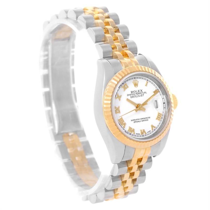 The image shows a side angle of a Rolex Datejust 179173 Women's Steel and Gold (two tone) White Dial 179173 Women's Steel and Gold (two tone) White Dial watch, highlighting the dial, bezel, and two-tone bracelet.