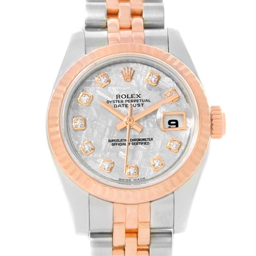 The image shows a Rolex Datejust 179171 Women
s Steel and Gold (two tone) Silver Dial 179171 Women
s Steel and Gold (two tone) Silver Dial watch from a front view, highlighting its face, crown, and part of its bracelet.