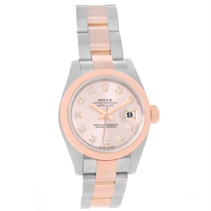 This image shows a frontal view of a Rolex Datejust 179161PDO Women's Steel and Gold (two tone) Pink Dial 179161PDO Women's Steel and Gold (two tone) Pink Dial watch focusing on the dial, bezel, and part of the bracelet.