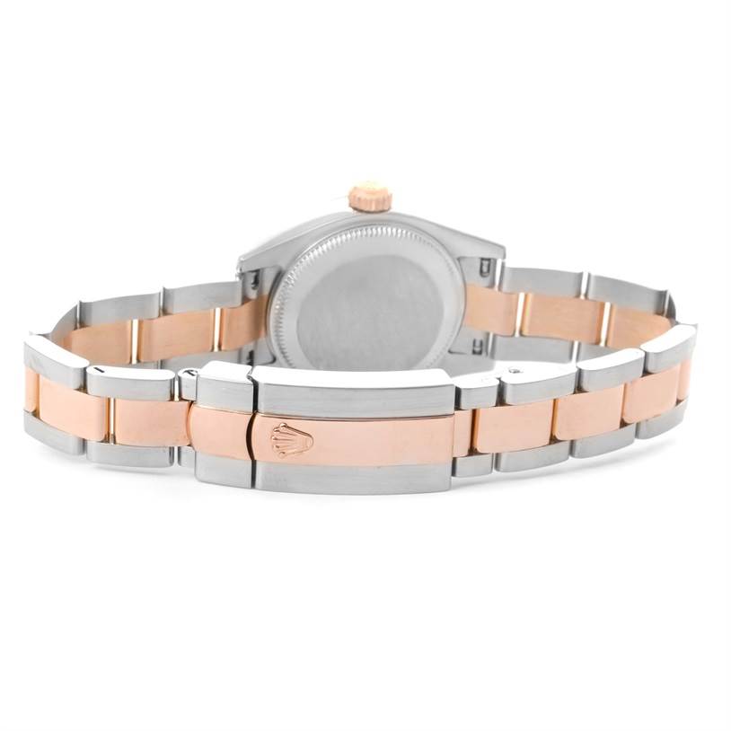 The image shows the back view of a Rolex Datejust 179161PDO Women's Steel and Gold (two tone) Pink Dial 179161PDO Women's Steel and Gold (two tone) Pink Dial watch, highlighting its two-tone bracelet and clasp.