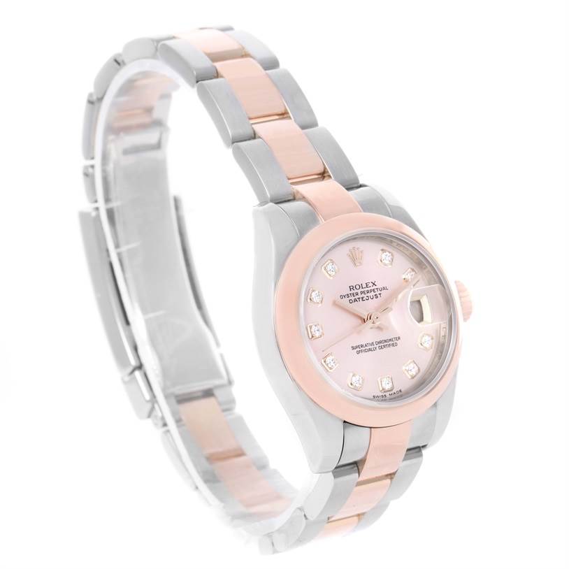 The image shows a side view angle of a Rolex Datejust 179161PDO Women's Steel and Gold (two tone) Pink Dial 179161PDO Women's Steel and Gold (two tone) Pink Dial watch, highlighting its two-tone strap and diamond-set bezel.