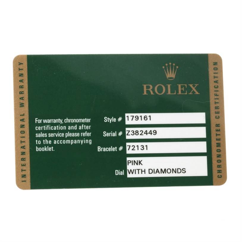The image shows the warranty card for a Rolex Datejust 179161PDO Women's Steel and Gold (two tone) Pink Dial 179161PDO Women's Steel and Gold (two tone) Pink Dial watch, displaying the style, serial, and bracelet numbers, and dial specifications.