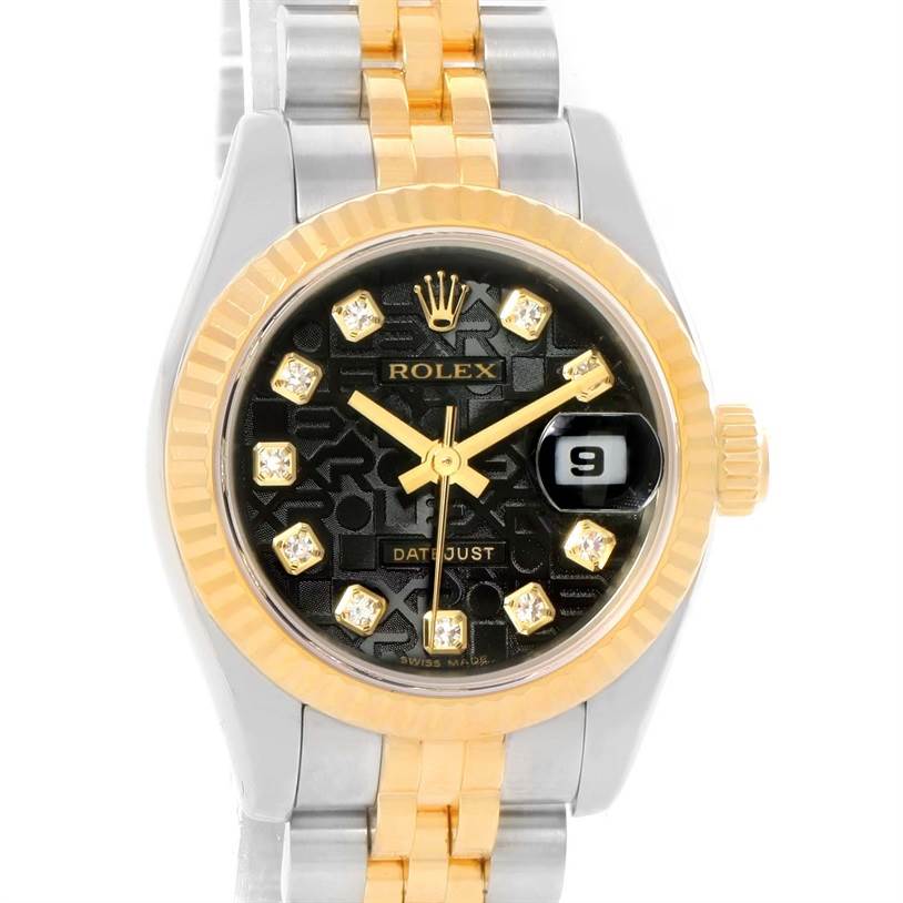 The image shows a front view of the Rolex Datejust 179173 Women's Steel and Gold (two tone) Black Dial 179173 Women's Steel and Gold (two tone) Black Dial watch, highlighting its face, bezel, and part of its two-tone bracelet.