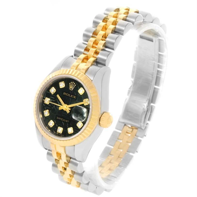 This Rolex Datejust 179173 Women's Steel and Gold (two tone) Black Dial 179173 Women's Steel and Gold (two tone) Black Dial watch is shown at an angle displaying the dial, case, crown, and bracelet.