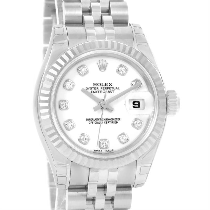 The image shows a front view of a Rolex Datejust 179174 Women's Stainless Steel White Dial 179174 Women's Stainless Steel White Dial watch featuring its dial, bezel, bracelet, hands, and date window.