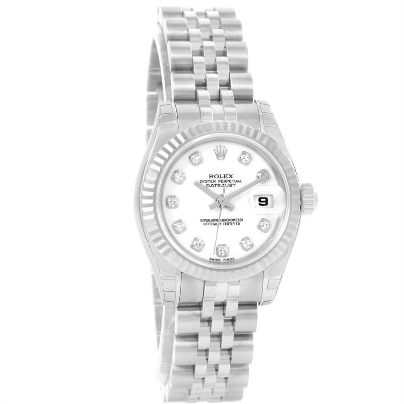 This Rolex Datejust 179174 Women's Stainless Steel White Dial 179174 Women's Stainless Steel White Dial watch is shown from a front angle, displaying its face, bezel, crown, and part of its metal bracelet.