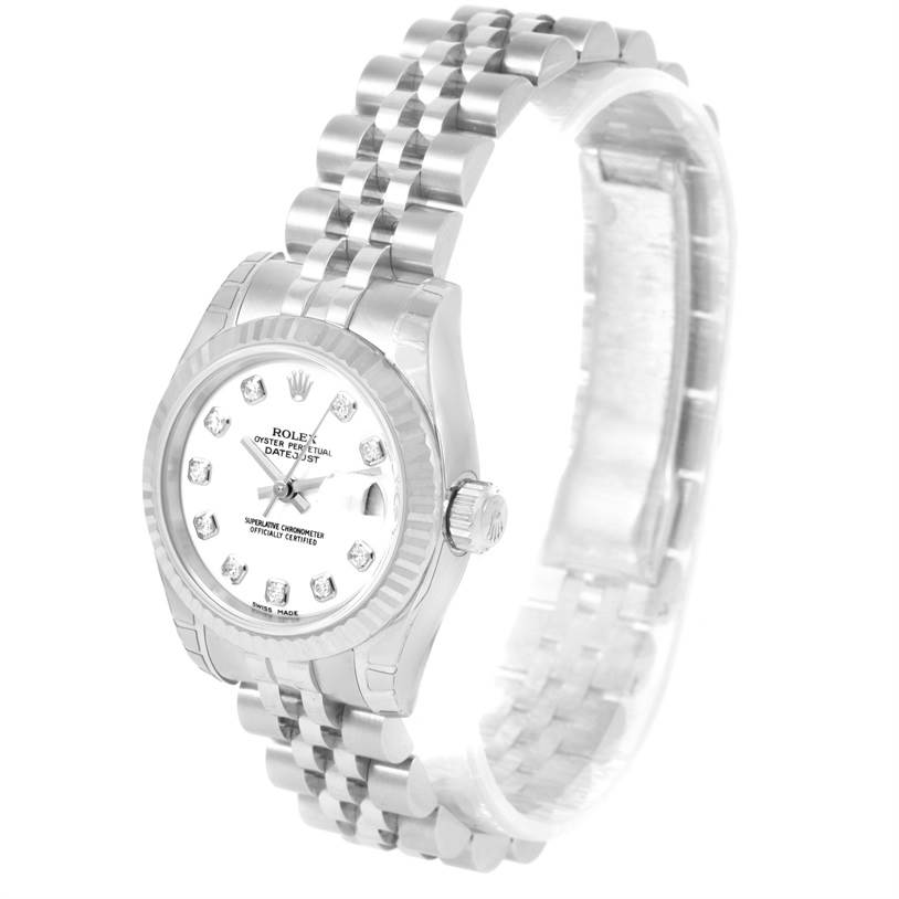 The image shows a Rolex Datejust 179174 Women's Stainless Steel White Dial 179174 Women's Stainless Steel White Dial watch at a three-quarter angle, showcasing the face, crown, and bracelet.