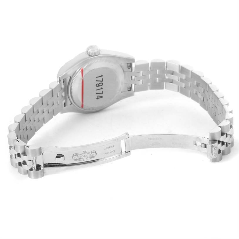 This image shows the back angle of a Rolex Datejust 179174 Women's Stainless Steel White Dial 179174 Women's Stainless Steel White Dial watch, highlighting its open stainless steel bracelet and clasp.