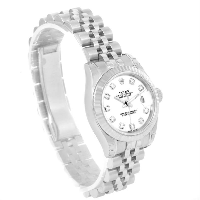 The image shows a Rolex Datejust 179174 Women's Stainless Steel White Dial 179174 Women's Stainless Steel White Dial watch at a slight side angle, highlighting the face, bezel, and bracelet.