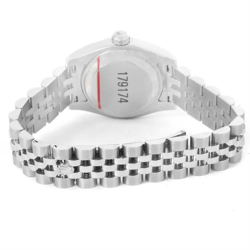 The image shows the back case and Jubilee bracelet of the Rolex Datejust 179174 Women's Stainless Steel White Dial 179174 Women's Stainless Steel White Dial watch at a rear angle.