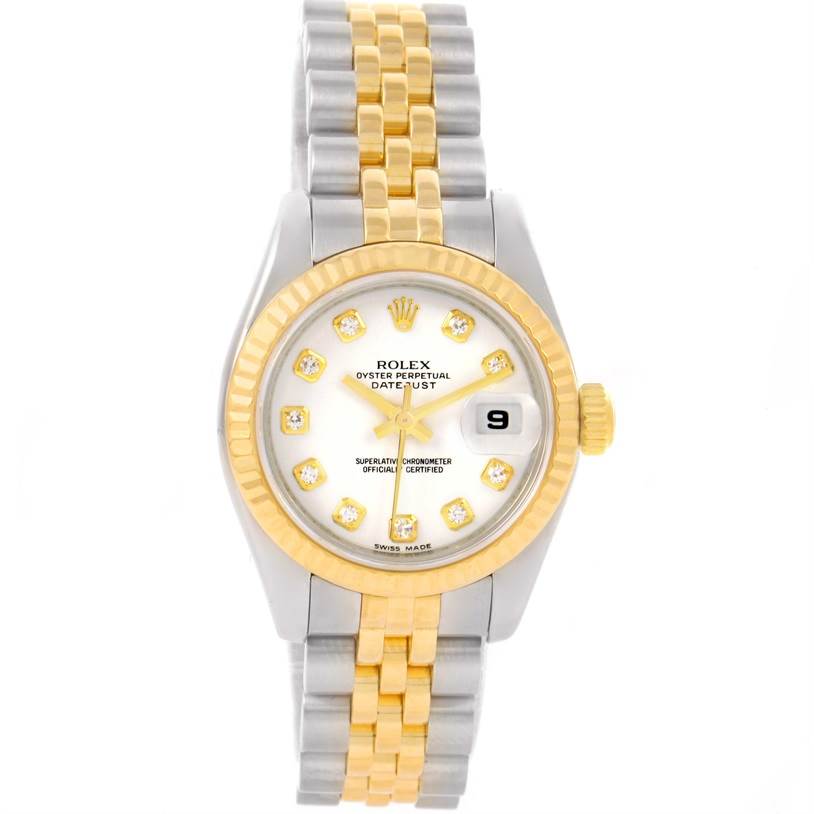 This image shows a Rolex Datejust 179173 Women's Steel and Gold (two tone) Black Dial 179173 Women's Steel and Gold (two tone) Black Dial watch from a top-down angle, highlighting the dial, bezel, case, and two-tone bracelet.