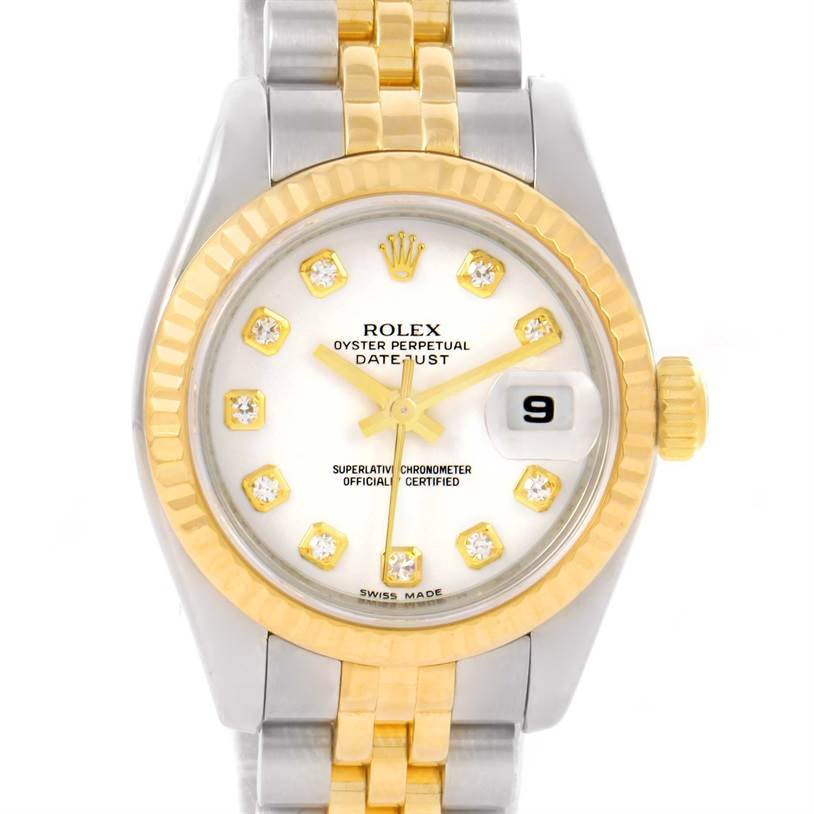 The image shows a frontal view of a Rolex Datejust 179173 Women's Steel and Gold (two tone) Black Dial 179173 Women's Steel and Gold (two tone) Black Dial watch with a two-tone bracelet, fluted bezel, and diamond hour markers.